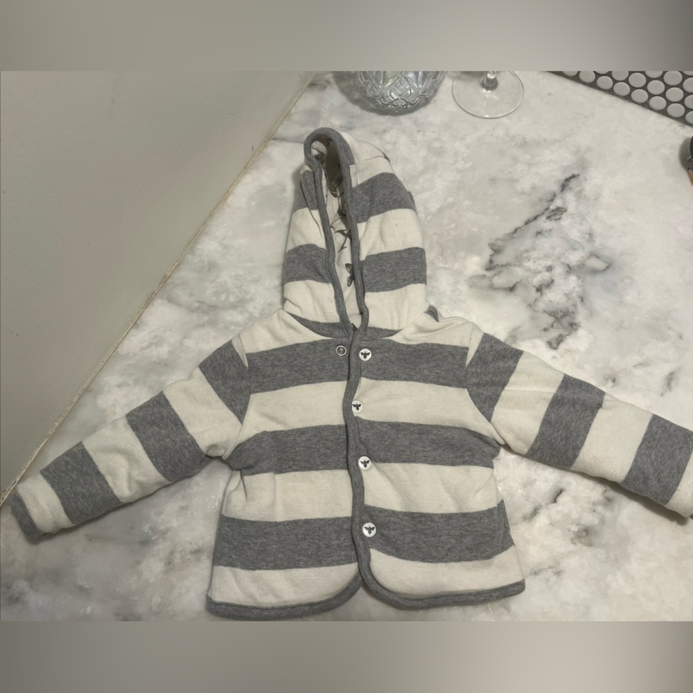 Burt’s Bees Organic Cotton Reversible Baby Jacket Gray Stripe ABC  3 6 9 Months